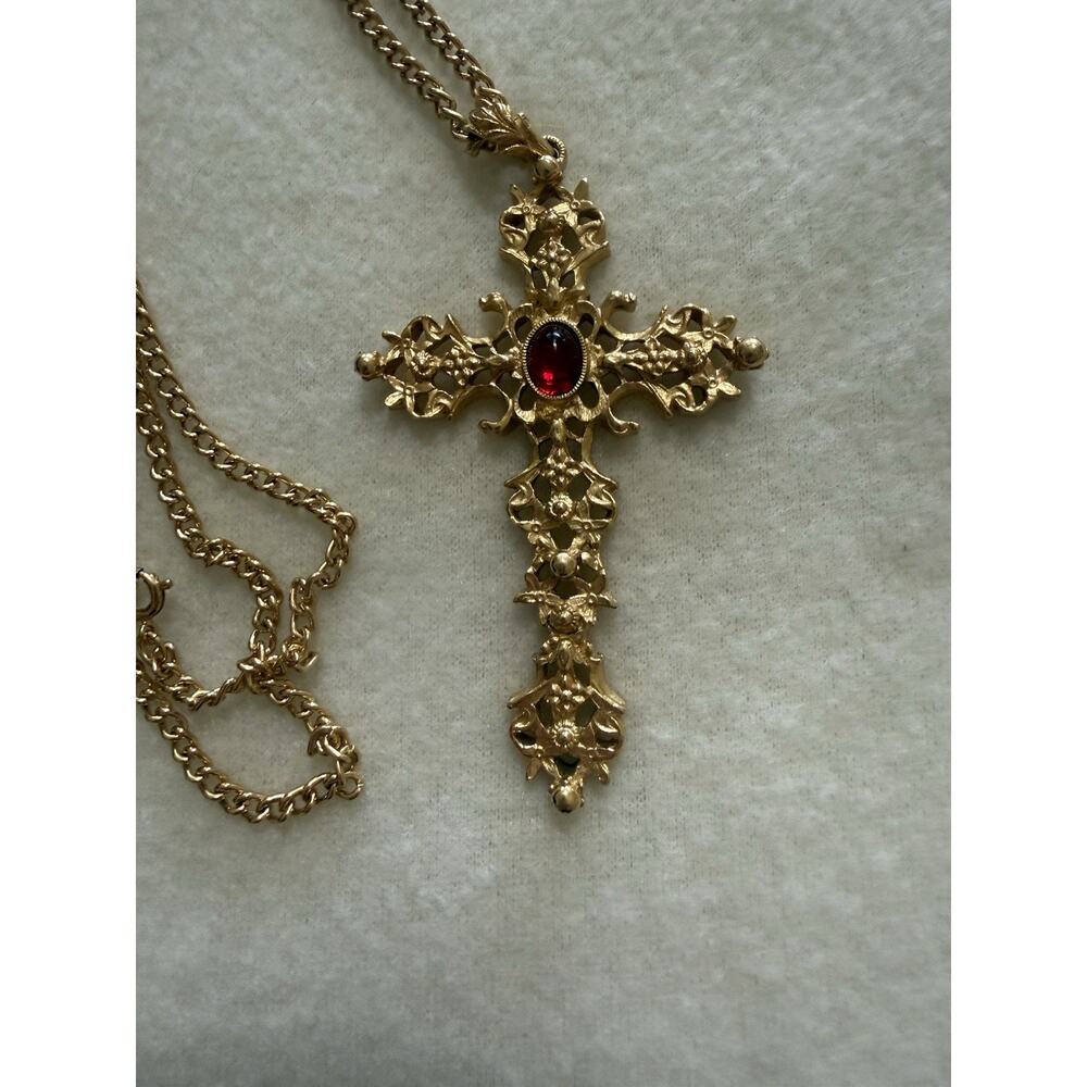 Vintage Avon Signed Gold Tone Floral Filigree Cross Red Cabochon Large Pendant